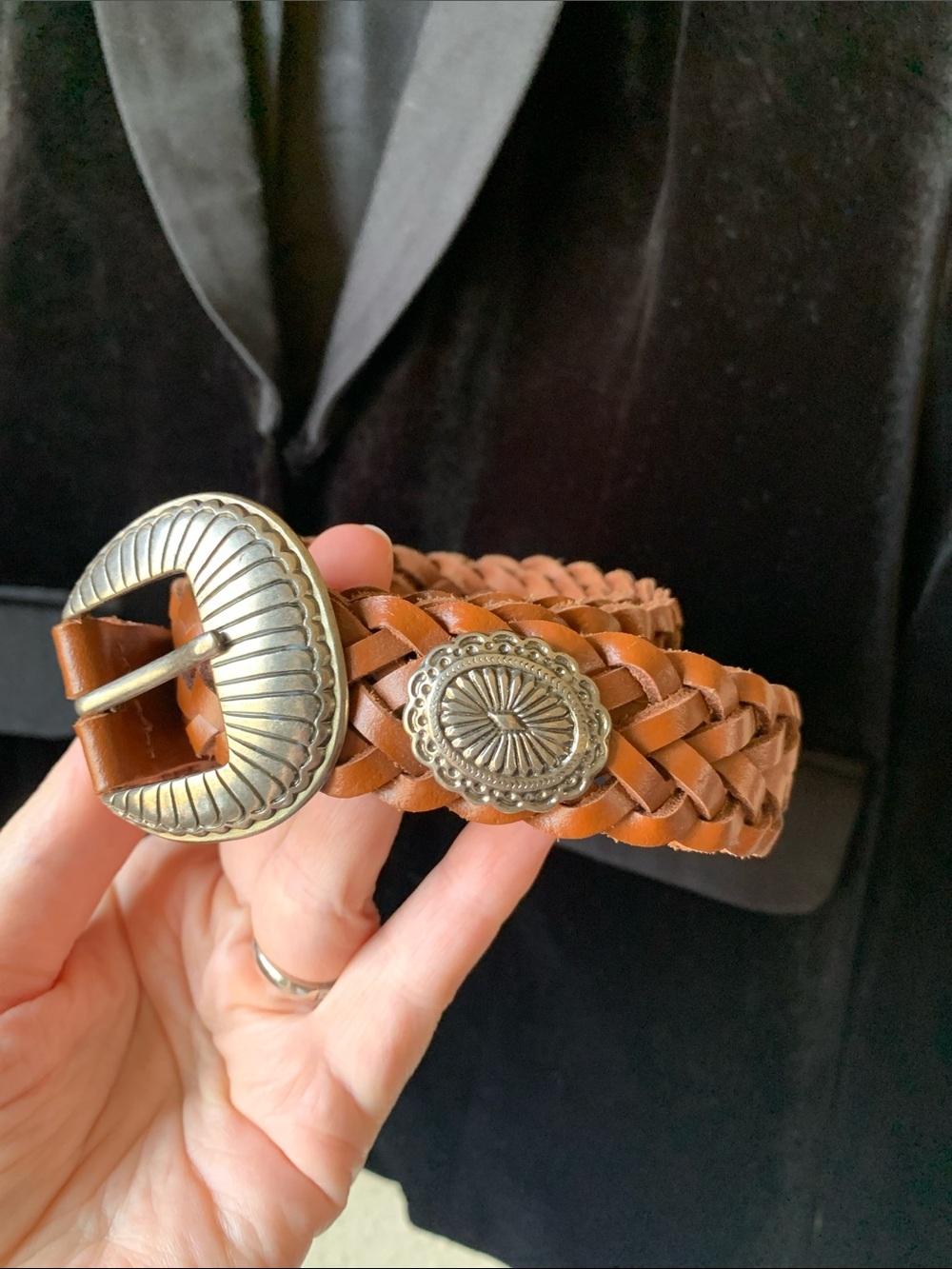 Braided Brown Leather Belt with Decorative Silver-Tone Buckle